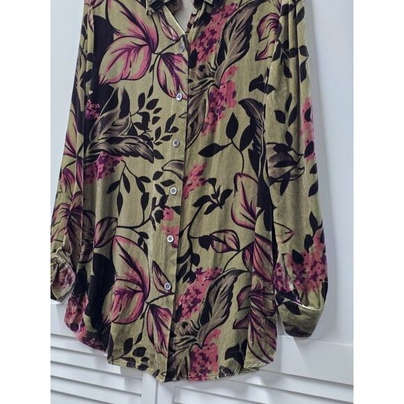 Soft Surroundings Velvet Green & Pink Floral Button Down Shirt-Sz M Glam-Mature - Picture 4 of 6